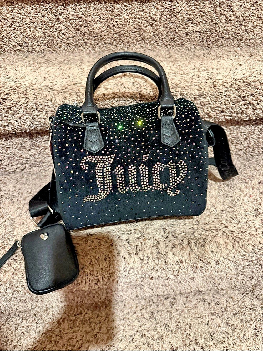 Juicy Couture Black Velour Rhinestone Logo Bowler Satchel